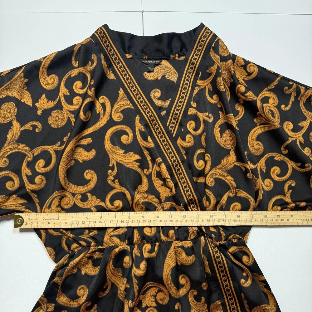 Guess Kimono Blouse Womens Medium Black Gold Baroque Floral Elastic Waist Top - Picture 5 of 5